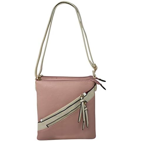 New Ladies Women Suede Leather Diagonal Double Zipped Crossbody Shoulder Bag Adjustable Shoulder Strap (Pink (Double Zip)) Cover