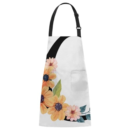 Aglebo Letter Floral C Chef Apron with Pockets Adjustable Shoulder Strap Waterproof Cooking Apron for Kitchen Baking Gardening Pottery Painting
