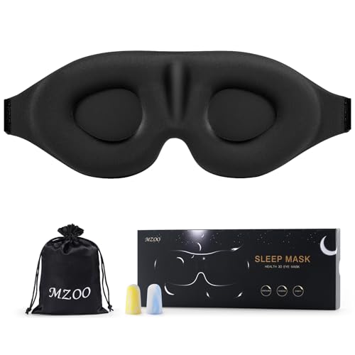 MZOO Luxury 3D Sleep Mask in black with memory foam contoured eye cups, 22mm nose-bridge padding, adjustable strap, and polyester fabric exterior — the side-sleeper-approved 100% blackout mask with 99,302 verified Amazon reviews, the value pick that undercuts premium Manta Sleep at less than half the price in 2026