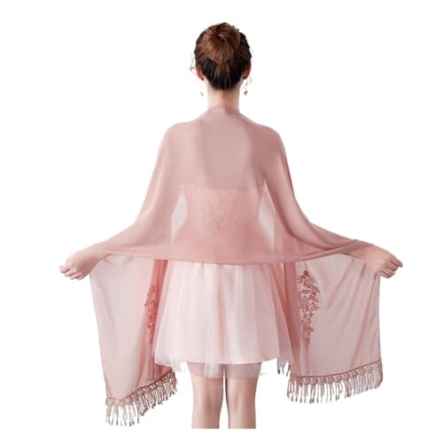 Robe de soirée longue dentelle mousseline cape pompons écharpe