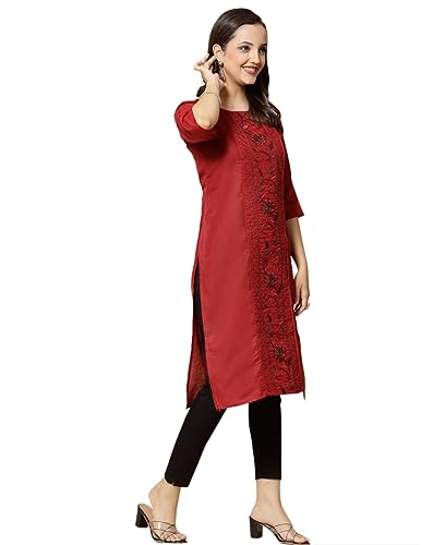 Image of Vinchic Women's Round Neck A-Line Cotton Embroidery Green Kurti (EmbBottle-91011-P)