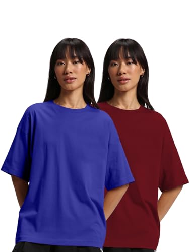 Image of JUNEBERRY Pure Cotton Drop Shoulder Oversized Baggy Fit Half Sleeve Plain Solid Round Neck Multicolor T-Shirt for Women & Girls (Pack of 2) (Sizes S-2XL)