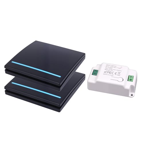 230V Lichtschalter Set, RF 433Mhz Funk Lichtschalter, Funkschalter 230v mit Empfänger Reichweite von 100M, Funk-Sender-Sicherheitsschalter und Empfänger-Controller 10A-2 Black Schalter und 1 Empfänger