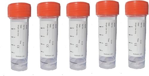 Hystool® - 5 Urine Sample Bottles. Sterile Individually Wrapped Universal Container. Specimen Pots for Urine Test. Leak Proof Lids. with Labels for Laboratory Medical Testing - 30ml Size