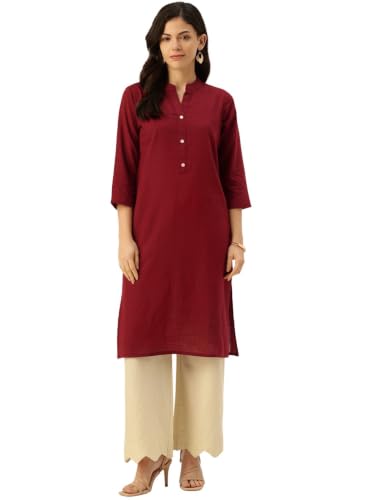 Image of feranoid Women's Plain Cotton Kurta with Mandarin Collar, 3 /4 Sleeves & Pocket
