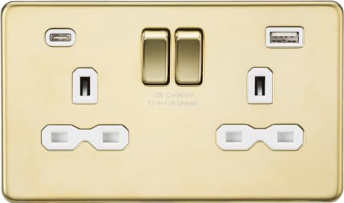 13A 2G SP Switched Socket with Dual USB A+C (5V DC 4.0A shared) - Polished Brass with White Insert