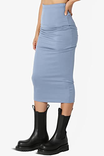 TheMogan Women's High Rise Buttery Soft Lined Mid Calf Bodycon Midi Pencil Skirt Light Blue L3