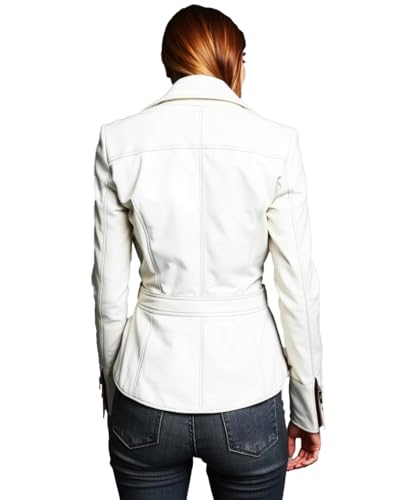 Women's White Real Leather Moto Jacket with Zipper Details, Size Medium2