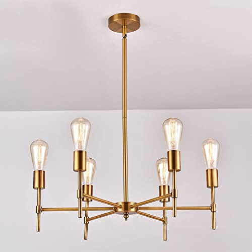 Buy 1 get 1 🔥 Modern Industrial Farmhouse Chandelier 6 Light Electroplate Adjustable Height Pendant Lighting Brushed Brass Flush Mount Ceiling Light Fixture for Dining Room Kitchen Island Living Room Bedroom E26