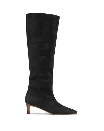 Coutgo Womens Knee High Boots Wide Calf Kitten Heel Pointed Toe Long Boots Pull On Winter Dress Shoes, Black, size 6