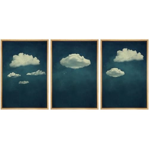 SIGNWIN 3 Piece Framed Canvas Wall Art A Series of White Clouds in The Blue Sky Nature Wilderness Illustrations Abstract Traditional Home Artwork Decoration for Living Room,Bedroom - 24"x36"x3 NATURAL