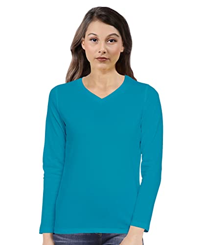 Image of Pooplu Women's Regular Fit Plain V Neck Full Sleeves Multicoloured 100% Cotton Pootlu T Shirt. Stylish, Casual Tshirts