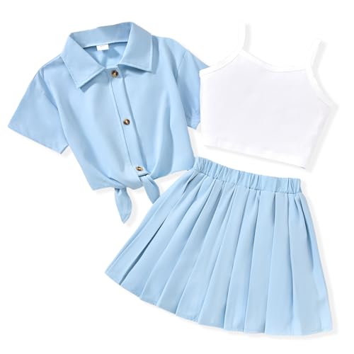 Image of HIHA Girls 3 Piece Outfit Cami Crop Tops Skirt Set with Button Down Shirts Size 6-12