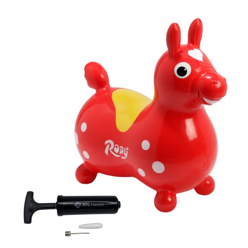 ATC Rody Hüpfpferd mit Pumpe aufblasbares Hüpftier ab 3 Jahren Robustes PVC für drinnen und draußen (rot)