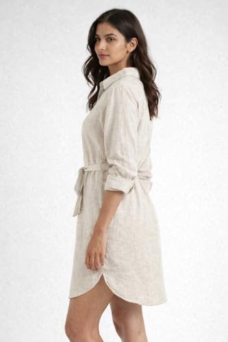 Image of NOBARR Women's Light Grey Linen Blend Shirt Dress with Waist Tie Belt