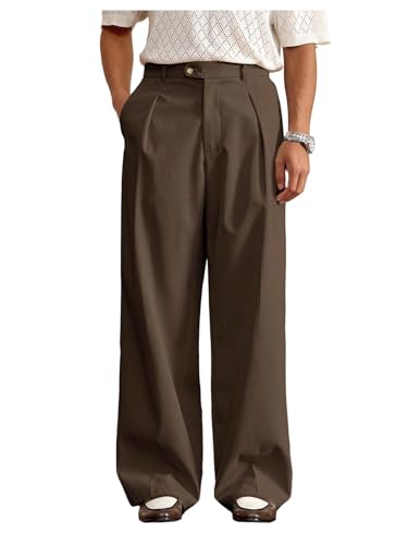 BEAUDRM Men's Pleated Baggy Dress Pants High Waisted Wide Leg Pants Casual Work Trousers with Pockets Slacks for Men Brown XX-Large