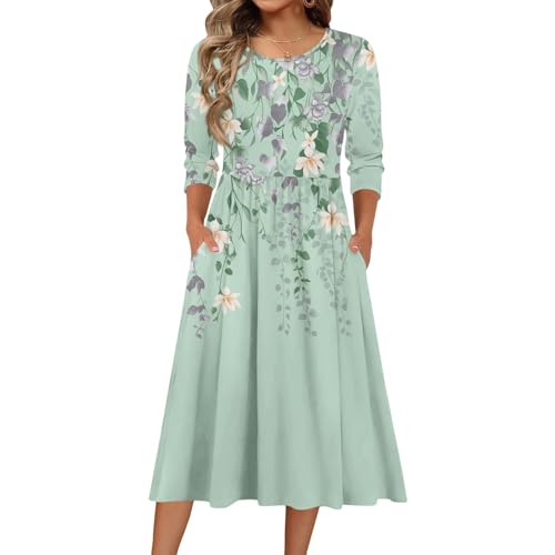 Image of Midi Dresses for Women 3/4 Sleeve Crewneck Wedding Guest Dress for Women Floral Printed A-Line Tiered Swing Casual Dresses with Pockets Green L