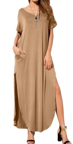 Image of GRECERELLE Women's Summer Maxi Dress Casual Loose V Neck Short Sleeve Side Split Long Dresses with Functional Pockets