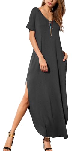 Image of GRECERELLE Women's Summer Maxi Dress Casual Loose V Neck Short Sleeve Side Split Long Dresses with Functional Pockets