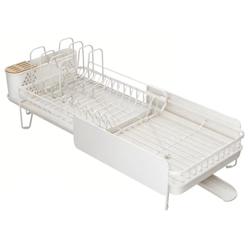 Image of Large Expandable Dish Drying Rack for Kitchen Counter, 19.3-29.4 in, White | Family Size Capacity, Adjustable Dividers for Pan, Lid & Cutting Board, Stainless Steel, Rotating Spout, Utensil Holder