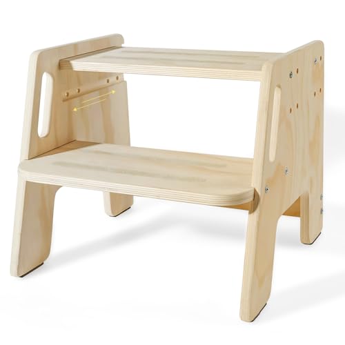 Guiwuiyu Tritthocker Kinder 2 Stufen rutschfest tritthocker Holz mit Griff Stufenhöhe verstellbar 150KG Tragkraft Stabiler Kinder fußbank für Badezimmer Küche Kinderzimmer Schlafzimmer
