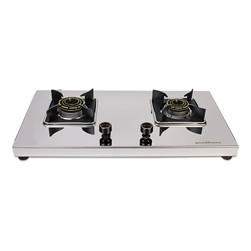 Image of goodflame Aravath 2 Burner Stainless Steel Gas Stove for Kitchen | Heavy 2MM SS Body | Brass Burners | 2 Year Warranty | ISI Certified | Manual Ignition | LPG Ready and PNG Compatible, (Silver)