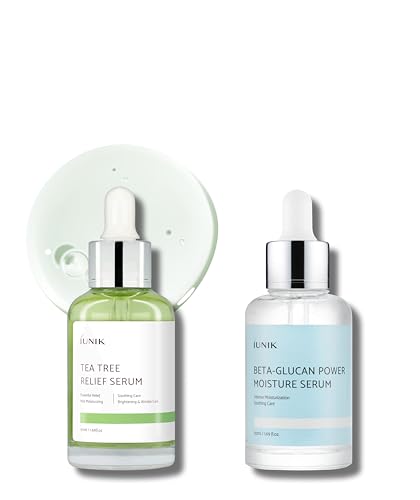 iUNIK Beta Glucan Power Deep Moisture Serum & Tea Tree Relief Facial Serum Intense Hydration Mushroom Extracts Acne Treatment Soothing Moisturizing Nourishing Face Ampoule Essense Korean