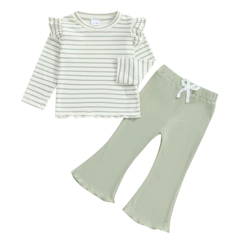 Image of FOCUSNORM Toddler Baby Girl Outfits Ruffle Long Sleeve Striped Trim Tops + Flare Pants Set Toddler 2Pcs Fall Winter Clothes