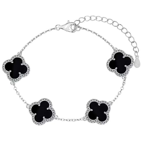 Lllunimon Unique Four Leaf Clover Bracelet for Women Men White Black Green Lucky Link Clover Bracelets,925 Sterling Silver Jewelry Christmas Valentine's Day Gifts,Black