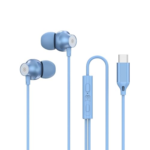 USB Type-C 有線イヤホン 金属製 重低音 スマートノイズキャンセリング インラインリモコン ブルー カナル型 マイク内蔵 複合振膜 音楽 ゲーム 通話対応
