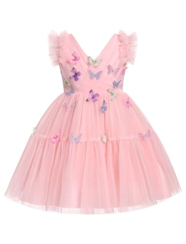 Image of IMEKIS Toddler Tea Party Dress: Flower Girl Baby Fairy 2nd 3rd Birthday Outfit Cake Smash Photoshoot Kids Princess Formal Easter Tulle Tutu Pageant Graduation Wedding Guest Pink Butterfly 2-3T