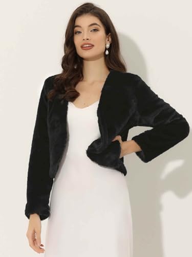 Allegra K Cropped Jacket for Women's Faux Fur with Pockets Long Sleeve Open Front Wedding Bolero Gowns Coat3