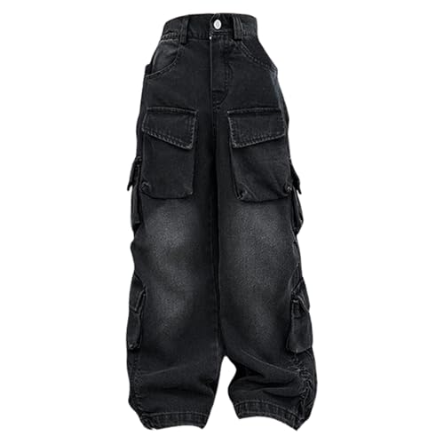 Baggy Cargo Jeans for Girls Straight Wide Leg Adjustable High Waisted, Casual Fashion School Streetwear Denim Pants