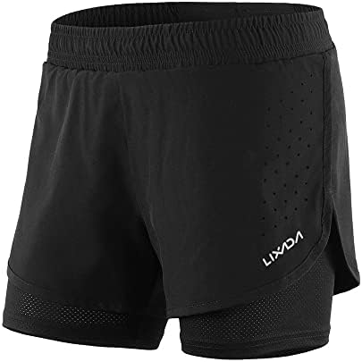Lixada Women's Running Shorts 2-in-1 Double Layer Elastic Waistband Workout Fitness Active Yoga Jogging Athletic Black