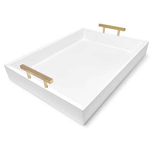 HILARI COLLECTIVE - White Coffee Table Tray with Gold Handles, 16 x 12 Inch Wood Food Serving Tray, Works As Bathroom Vanity Tray, Ottoman Tray for Living Room, and Organizer