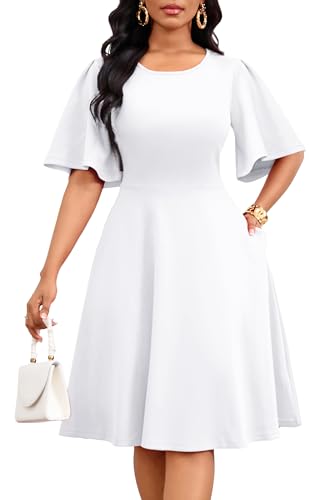 Nmoder Womens Wedding Guest Dress|A-Line Ruffle Flared Sleeve Cocktail Graduation Formal Church Midi Dresses with Pockets White L