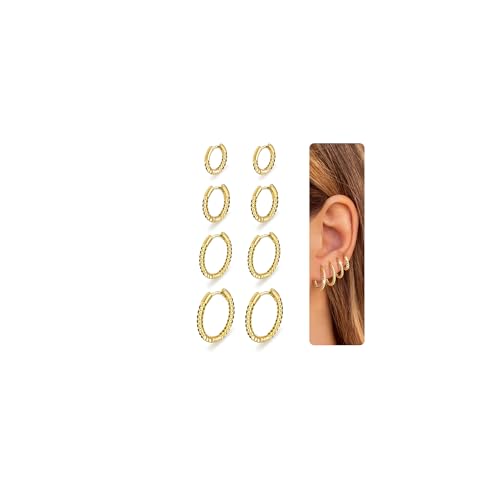 Nelytiya 4 Pares Pequeños Pendientes Aro Oro 18K para Mujer Hipoalergénicos Pendientes Aro para Mujer 8/10/12/14mm