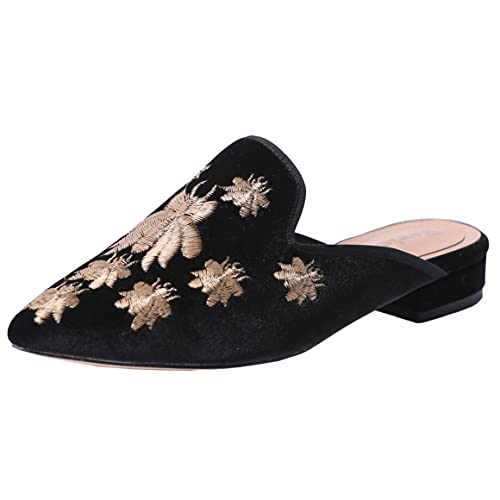 Image of Fericzot Women's Velvet Backless Pointed Toe Slip On Loafers Flats Embroidery Mule Slippers Shoes