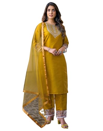 Image of SIRIL Women's Rayon Viscose Sequence Embroidery Straight Kurta Pant with Dupatta Set