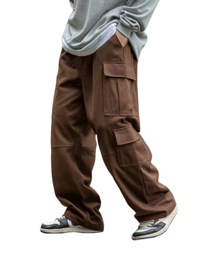 THWEI Mens Cargo Pants Drawstring Elastic Waist Casual Baggy Pant Streetwear Multi Pockets Brown XL2
