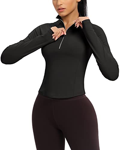 Colorskin Women's Cropped Athletic Jackets Half Zip Pullover Long Sleeve Workout Shirts Crop Tops For Running Yoga(Black,Medium) #TOP3