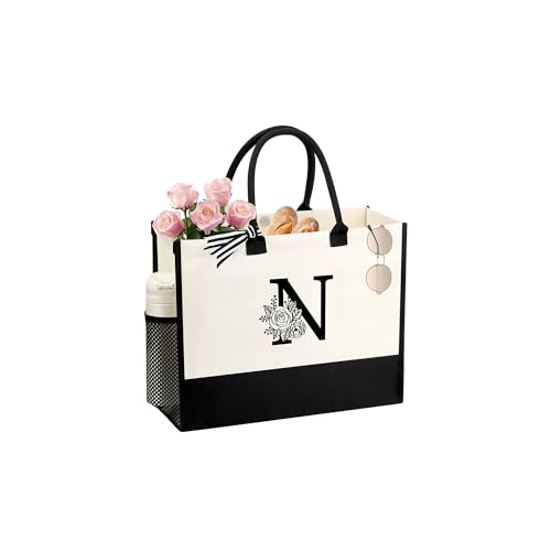 Image of Personalized Name Tote Bag for Women, Birthday Best Friend Bridesmaid Gifts for Women Canvas Initial Tote Bags