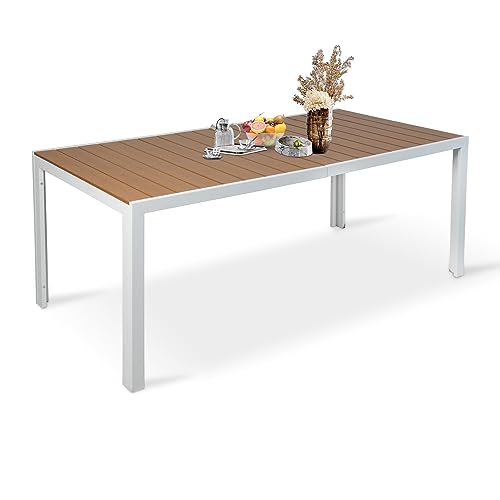 Vilobos Outdoor Dining Table for 8 Person, 71â€ Aluminum Patio Dining Table with 1.6â€ - 2â€ Adjustable Umbrella Hole, Slat Rectangle Table with Wood Like Table Top for Backyard Garden