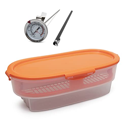 Premium Products- Easy Breader - Batter Bowl - All-in-1 Mess Free Breading Station Tray - Snap-Shut Lid with Silicone Ring - For Coating Fried or Baked Food With Deep Fry Cooking Thermometer