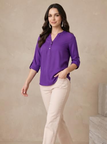 Image of FYLTR Women's Casual Roll -Up Sleeves Rayon V-Neck Top - Western Tops | Shirts for Women | Soft & Comfortable | Tops for Jeans