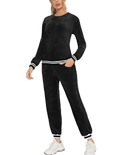Enjoyoself Damen Velours Traningsanzug Samtweich Hausanzug mit Gerippt Bündchen Langarm Rundhals Pullover+Lange Hose mit Tasche Schwarz,M