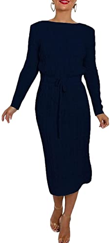 Warmer Damen-Pullover mit 2 Taschen, Midi-Kleid, Outfits, Pullover, Damen, langärmelig, Rundhalsausschnitt, Zopfstrick, zum Binden an der Taille,...