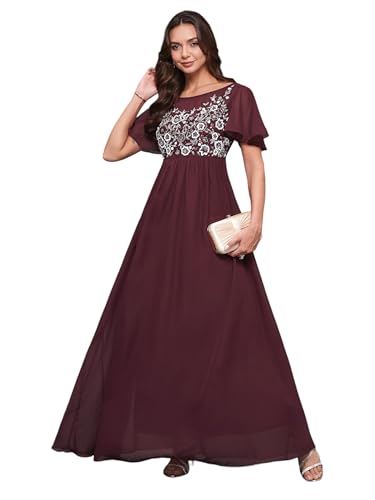 Image of Miss Chase Women's Round Neck Sleeve Embellished Fit Flare Maxi Dress