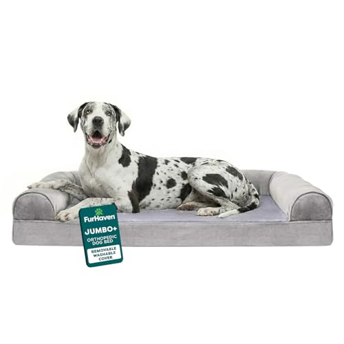 Furhaven Orthopedic Dog Bed for Large Dogs w/ Removable Bolsters & Washable Cover, For Dogs Up to 125 lbs - Faux Fur & Velvet Sofa - Smoke Gray, Jumbo Plus/XXL