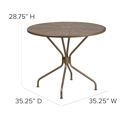 Flash Furniture Oia Commercial Grade 35.25" Round Gold Indoor-Outdoor Steel Patio Table with Umbrella Hole